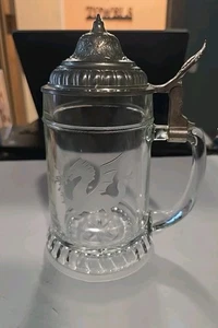 Vtg West German Collectible Clear Etched Dragon Glass German Metal-Lidded Stein  - Picture 1 of 19