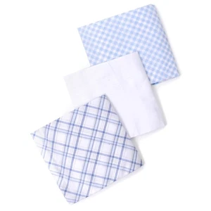 Men's White Solid And Blue Plaid 100% Cotton 3 PCS Handkerchiefs - Picture 1 of 4