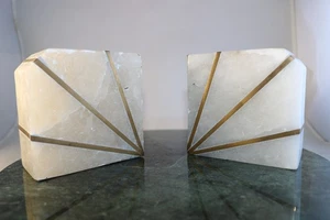 West Elm Handcrafted Stunning Brass and Marble Inlay 4" x 4" Heavy Bookends - Picture 1 of 7