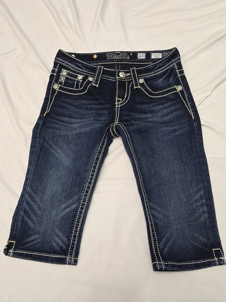 Pantalones de mezclilla elásticos azules capri Miss Me Girls JK7584P2 talla 10 diseñados brillantes EE. UU. Foto 1 de 4