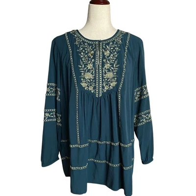 J Jill свободного кроя богемное крестьянин верхний вышитый женщин L миниатюрный зеленый вискоза - Изображение 1 из 4