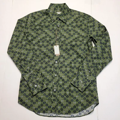$313 Nueva Camisa Canali Botón Frontal Hombres MEDIANA Verde Azul FLORAL HELECHO ITALIA Foto 1 de 4