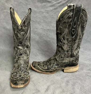 Botas vaqueras Corral Western para mujer 6,5 de cuero negro con incrustaciones de serpiente punta cuadrada 2402 Foto 1 de 4