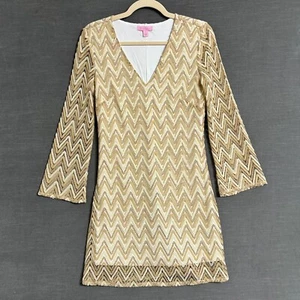 Lilly Pulitzer Dress S Gold Cream Metallic Knit Crochet Preppy Boho Beachy - Picture 1 of 11