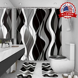 Juego de 4 cortinas de ducha a rayas negra y negras de baño de color gris blanc - Picture 1 of 8