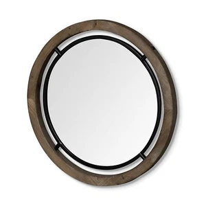 28 Brown Wood And Black Metal Round Framed Accent Mirror - Picture 1 of 5