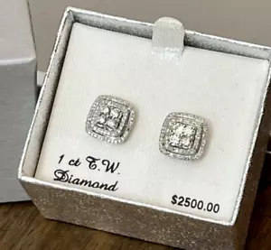 10K White Gold Plated 1ct Diamond Double Halo Square Stud Earrings - Picture 1 of 1