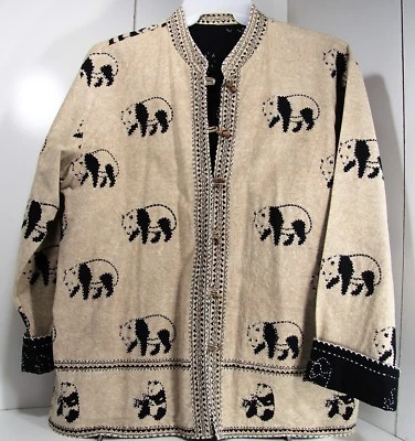 Cotton Panda Bear Animal Print Black & Brown Womens XL Jacket Reversible Unique - Image 1 of 4
