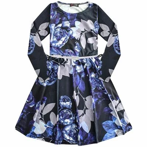 Kids Girls Skater Dress Long Sleeves Floral Print Party Fashion Summer Dresses - Picture 1 of 4