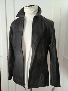 New BMM Unisex Distressed Black Leather Jacket Coat Parka Slim Biker Flight Line - Picture 1 of 12