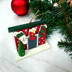 Vintage Wood Christmas Ornament Decorated Fireplace Tree Stocking - Picture 1 of 8