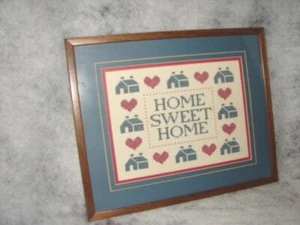 Vintage Handmade Needlepoint Home Sweet Home Wood Framed Picture w/Glass - Picture 1 of 2