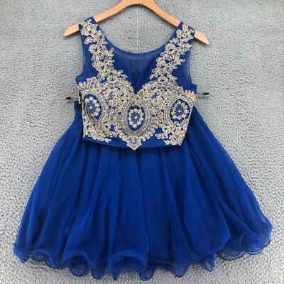 Jodi Kristopher Dress Womens 1 Jrs Blue Gold Lace Dance 2 Piece Sparkle Cocktail - Image 1 of 4