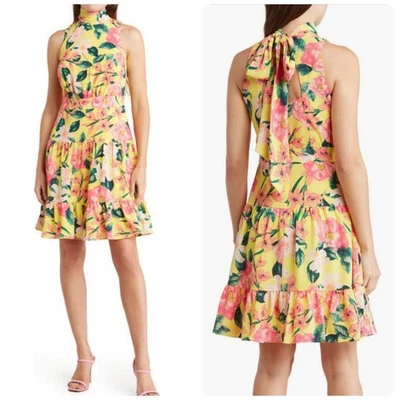 Mini Vestido Para Mujer Eliza J. Amarillo y Rosa Floral Atado Cuello Simulado Talla 18W Foto 1 de 4