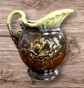 Vintage Hull Pottery USA A50 Green Drip Embossed Glaze Pitcher with Rose Design - Picture 1 of 3