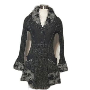 Sioni black grey mix media cardigan sweater coat bell sleeve animal print trim M - Picture 1 of 10