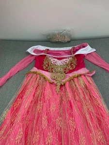 Sleeping Beauty Aurora Princess Jacquard Girl Dress Pink Costume With Real Crown - Picture 1 of 18