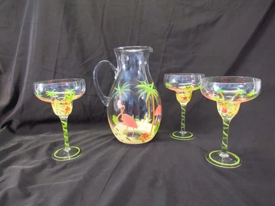 Jarro de vidro flamingo rosa pintado à mão com 3 copos de margarita - Imagem 1 de 4