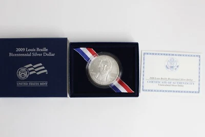 2009 P Louis Braille Bicentennial Uncirculated Silver Dollar US Mint w Box & COA - Image 1 of 4