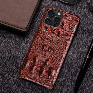 Funda protectora de cocodrilo 3D de cuero genuino real para iPhone 16 15 14 13 12 11ProMax - Imagen 1 de 14