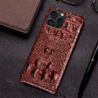 For iPhone 17 Air 16 15 14 13 12 11 Real Genuine Leather 3D Crocodile Cover Case - Image 1 of 4