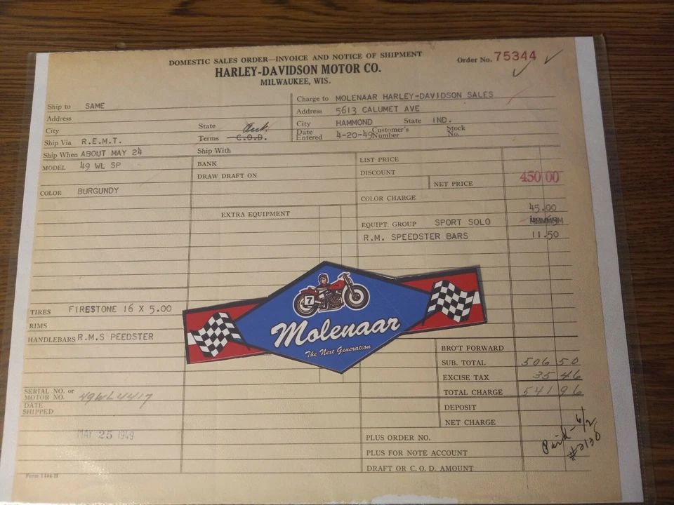 1949 WL FLATHEAD HARLEY DAVIDSON DOMESTIC SALES ORDER Foto 1 de 4