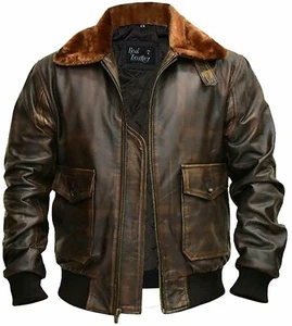 Mens Aviator G1 A2 Flight Jacket Distressed Brown Bomber Genuine Leather Jacket - Foto 1 di 5