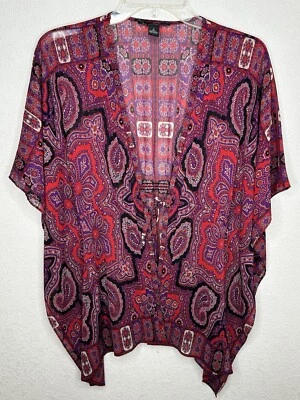 INC Top Womens 8 Kimono Tie Waist Pink Red Paisley Semi Sheer Ruched Back Boho - Image 1 of 4