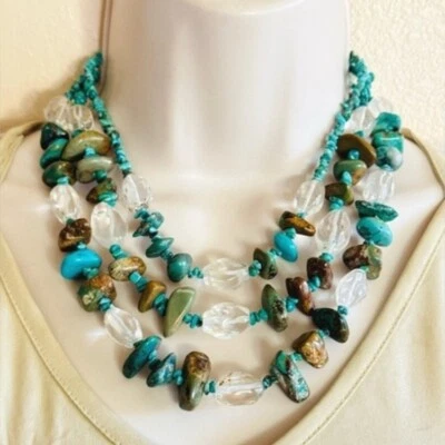 Necklace VTG Natural Turquoise Rock Crystal Quartz Beaded Sterling .925 Bib BOHO - Image 1 of 4