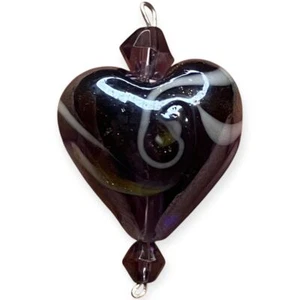 Handmade Glass Heart Pendant Black Swirl Art Glass Jewelry 925 Sterling Silver - Picture 1 of 4