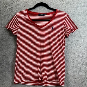Polo Ralph Lauren Shirt Small P Womens Size White & Red Short Sleeve V neck Pony - Picture 1 of 8