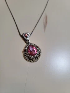 Estate Pink Clear Rhinestone 18KGP White Gold Filigree Necklace Teardrop Pendant - Picture 1 of 8