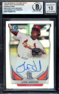 Luke Weaver Gem Mint 10 Beckett BAS с автографом 2014 Bowman Chrome переливающаяся карточка дебютанта A - Изображение 1 из 2