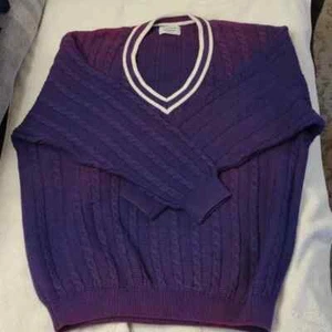 Vintage 80's Benetton Purple & White Thick V-Neck Sweater Size EU 52 L/XL Preppy - Picture 1 of 15