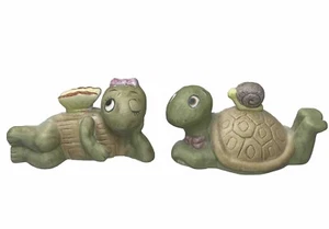 Pair Of Lounging Turtle Figurines Butterfly Snail Ceramic - Picture 1 of 9