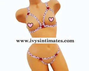 Glitter Lingerie Set Handmade Bra/Panty Valentine's Day Crotchless Thong - Picture 1 of 8