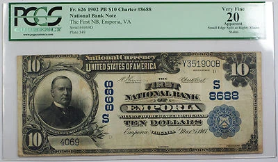 1902 Ten Dollar $10 First National Bank Emporia, VA FR# 626 PCGS VF-20 Details - Image 1 of 2