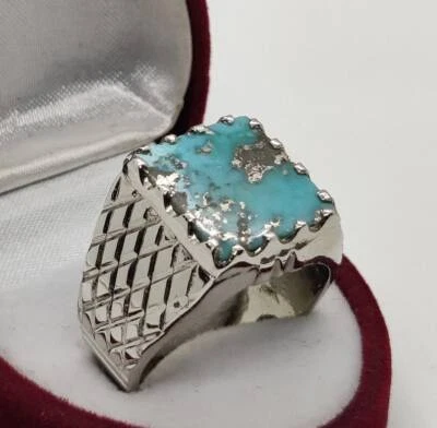 Anillo turquesa natural sin calefacción y sin tratar para hombre y mujer en plata de ley Foto 1 de 4