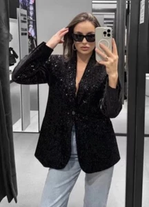 ZARA NEW WOMAN ZW COLL. FITTED BLAZER WITH SEQUINS JACKET BLACK Size XS 9455/108 - Picture 1 of 6