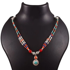 Coral, Turquoise gemstone tibetan 925 sterling silver necklace jewelry 18 inch - Picture 1 of 6