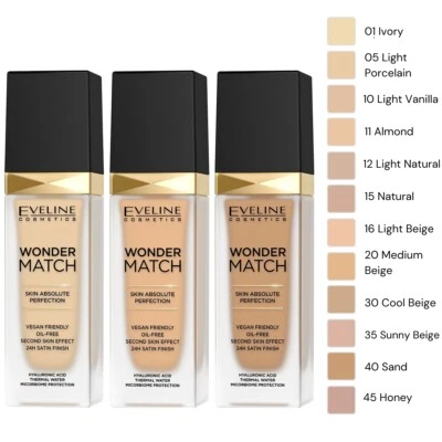 Eveline Wonder Match Foundation Satin Finish Oil FREE Long Lasting Vegan 30ml - Image 1 of 4