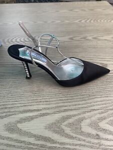 Prada Black pump Crystal Heel Size 39.5 Sling Back Shoe Pointy Toe
