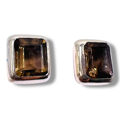Natural Real Smoky Quartz Sterling Silver Emerald Cut Stud Earrings LA3427 - Image 1 of 4