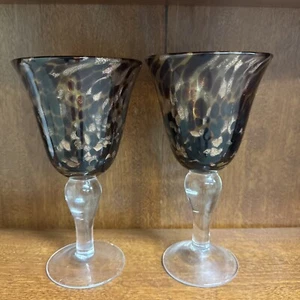 2 Hand Blown Water Wine Glasses Goblets Tortoise Shell And Gold Glitter VTG - Picture 1 of 13