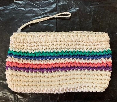 Bolso sin asas de paja tejido bolso multicolor con bolsillo hecho en Japón 12" x 7 Foto 1 de 3