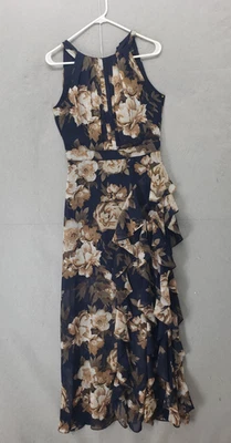 Betsy & Adam Dress Womens Size 8 Navy Blue Floral Ruffle Asymmetrical Maxi Gown - Image 1 of 4