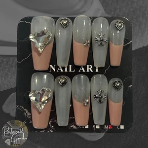 Translucent White & Light Pink French Tip Extra Long Coffin Nails - Size Medium - Picture 1 of 2