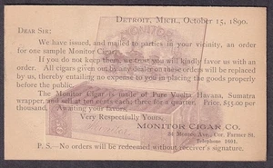 1890 advertising postal card Monitor Cigar Co 34 Monroe Ave Detroit MI - Picture 1 of 2