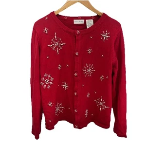 Vintage White Stag Knit Red Christmas Sweater Beaded Snowflakes Women’s Large - Picture 1 of 11