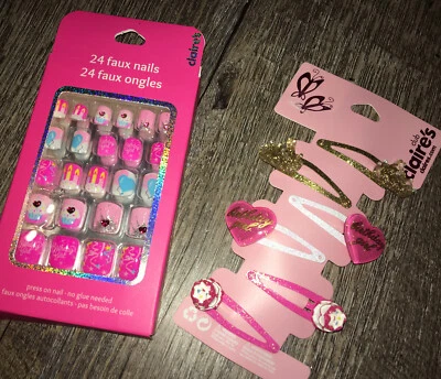 Claire’s Birthday Girl Faux Stick On Nails Princess Hair Barrette Clip Lot - Image 1 of 4